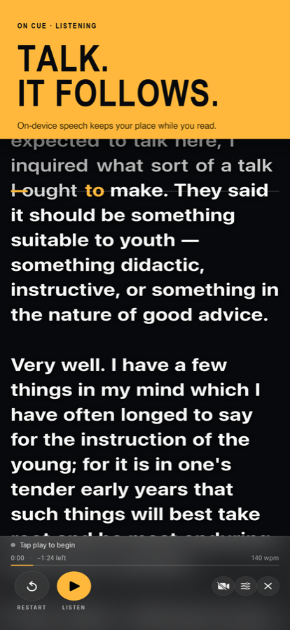 The script scrolling with the spoken word highlighted in amber on the reading line.