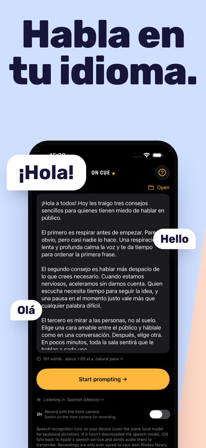 El editor de guiones mostrando un guion en español y “Listening in Spanish (Mexico)”.