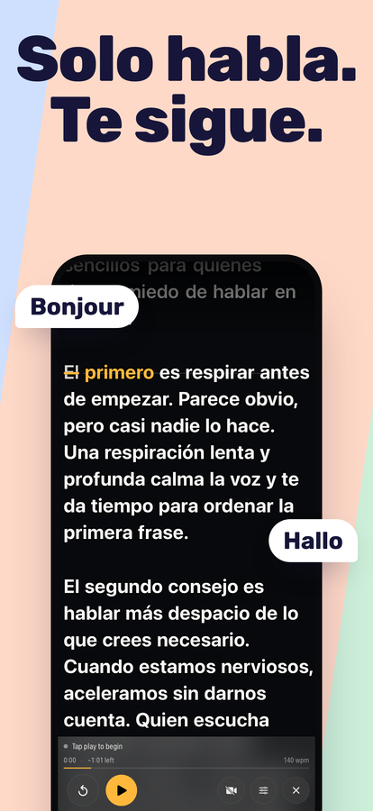 El guion avanzando, con la palabra que dices resaltada en ámbar sobre la línea de lectura.