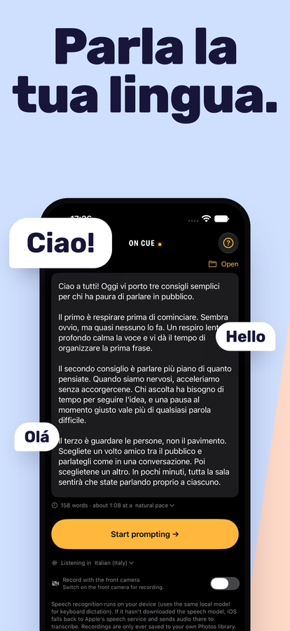 L'editor con un copione in italiano e “Listening in Italian (Italy)”.