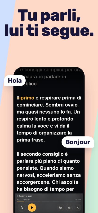 Il copione che scorre, con la parola pronunciata evidenziata in ambra sulla linea di lettura.