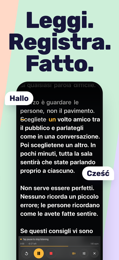 Registrazione con la fotocamera frontale e il copione sopra l'immagine.