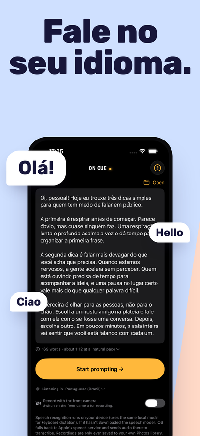 O editor de roteiro mostrando um roteiro em português e “Listening in Portuguese (Brazil)”.