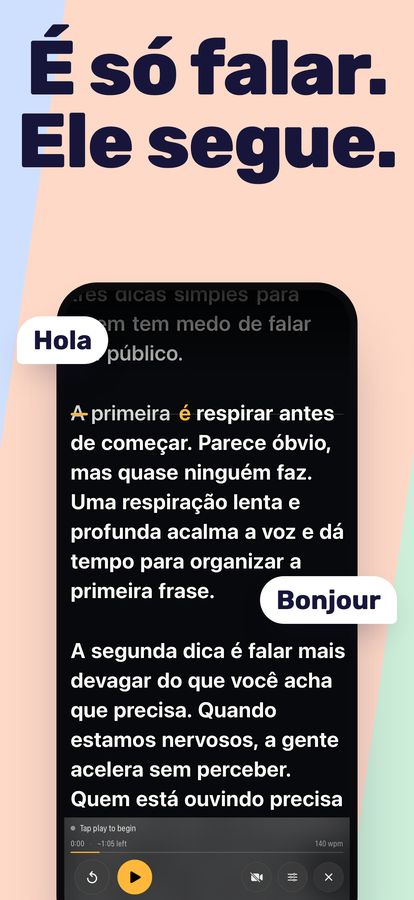O roteiro rolando, com a palavra falada destacada em âmbar na linha de leitura.