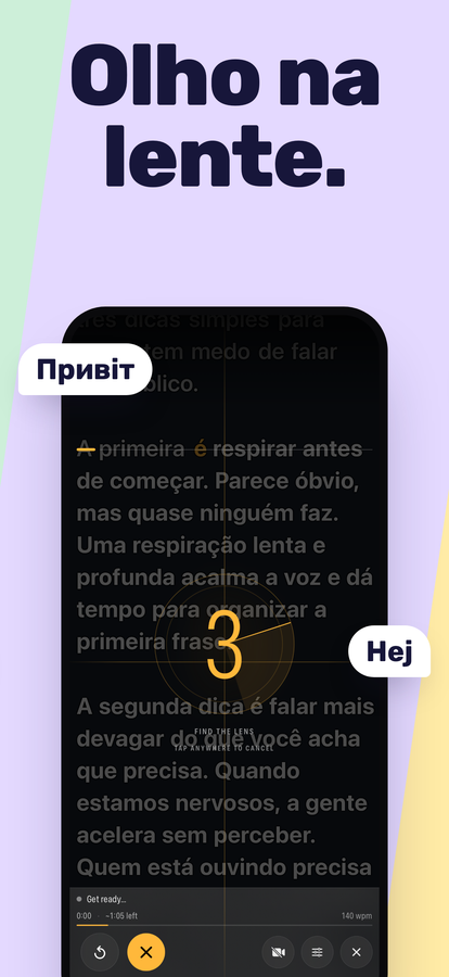A contagem regressiva antes de começar, com a linha de leitura perto da lente.